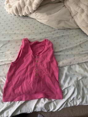 Sleeveless Henley Waffle Tank in Hot Pink